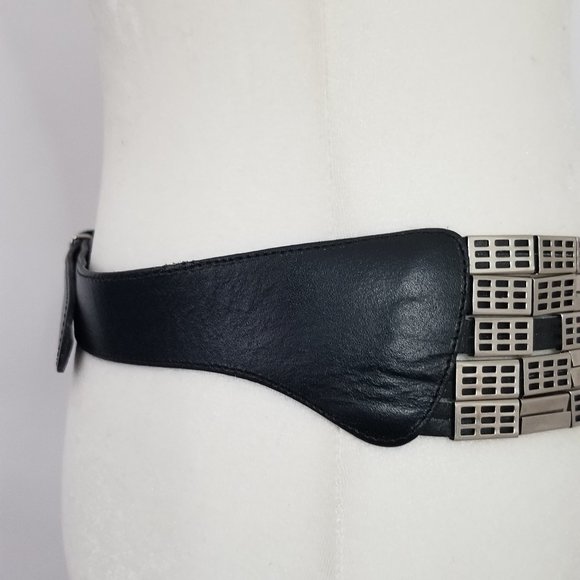 Vintage Avignon Chain Black Leather Belt Spain M/L - Picture 5 of 10